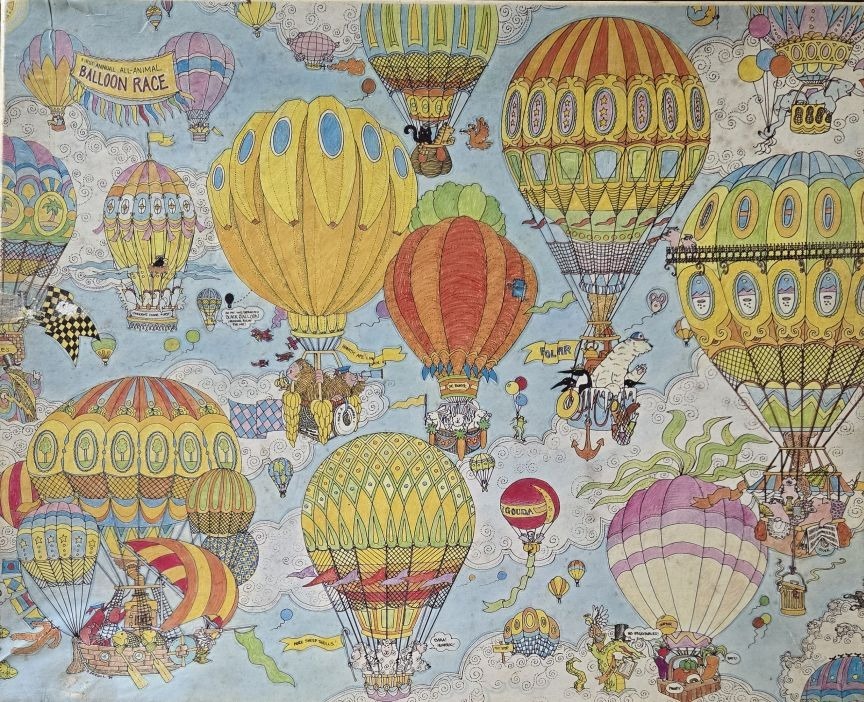 An illustration of an all-animal balloon race featuring many colorful, whimsical hot air balloons in a pale blue sky.