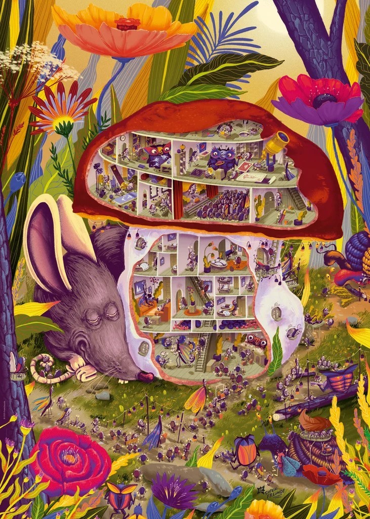 A cutaway illustration of a giant mushroom house filled with tiny purple creatures, nestled next to a sleeping mouse.