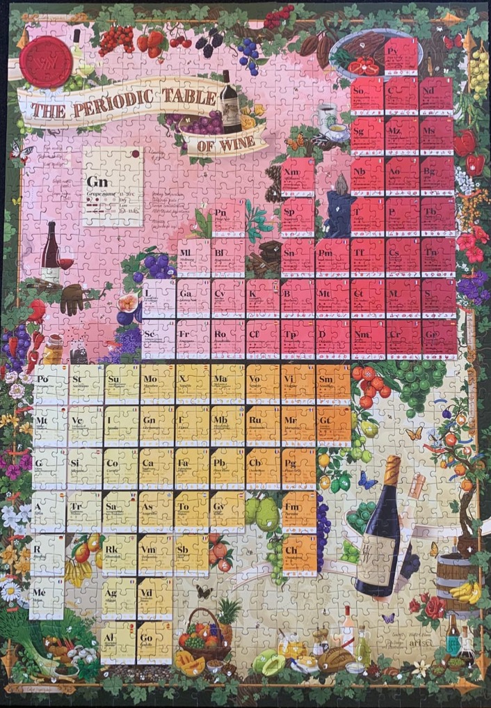 A periodic table graphic showcasing different wine grape varieties, adorned with illustrations of fruit and wine bottles.