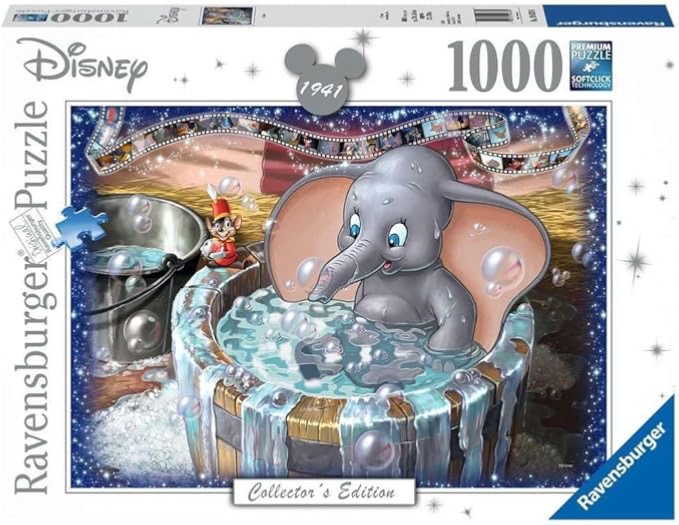 Dumbo the elephant taking a bath in a wooden barrel with Timothy Mouse nearby.