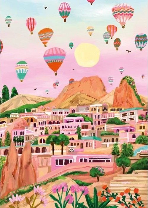 A whimsical painting of a town nestled in a valley with many hot air balloons floating in a pastel sky.