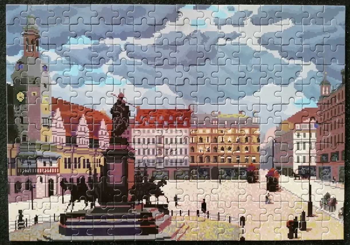 A pixel art style illustration of a European town square with a central statue under a cloudy sky.