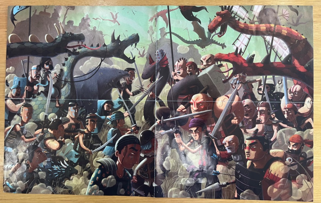 An illustration of a chaotic fantasy battle between human warriors and various dragons and beasts.