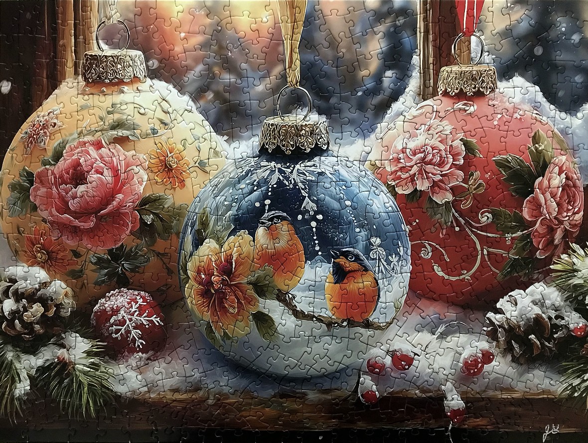 Three ornate Christmas ornaments depicting flowers and birds, set against a snowy window scene.