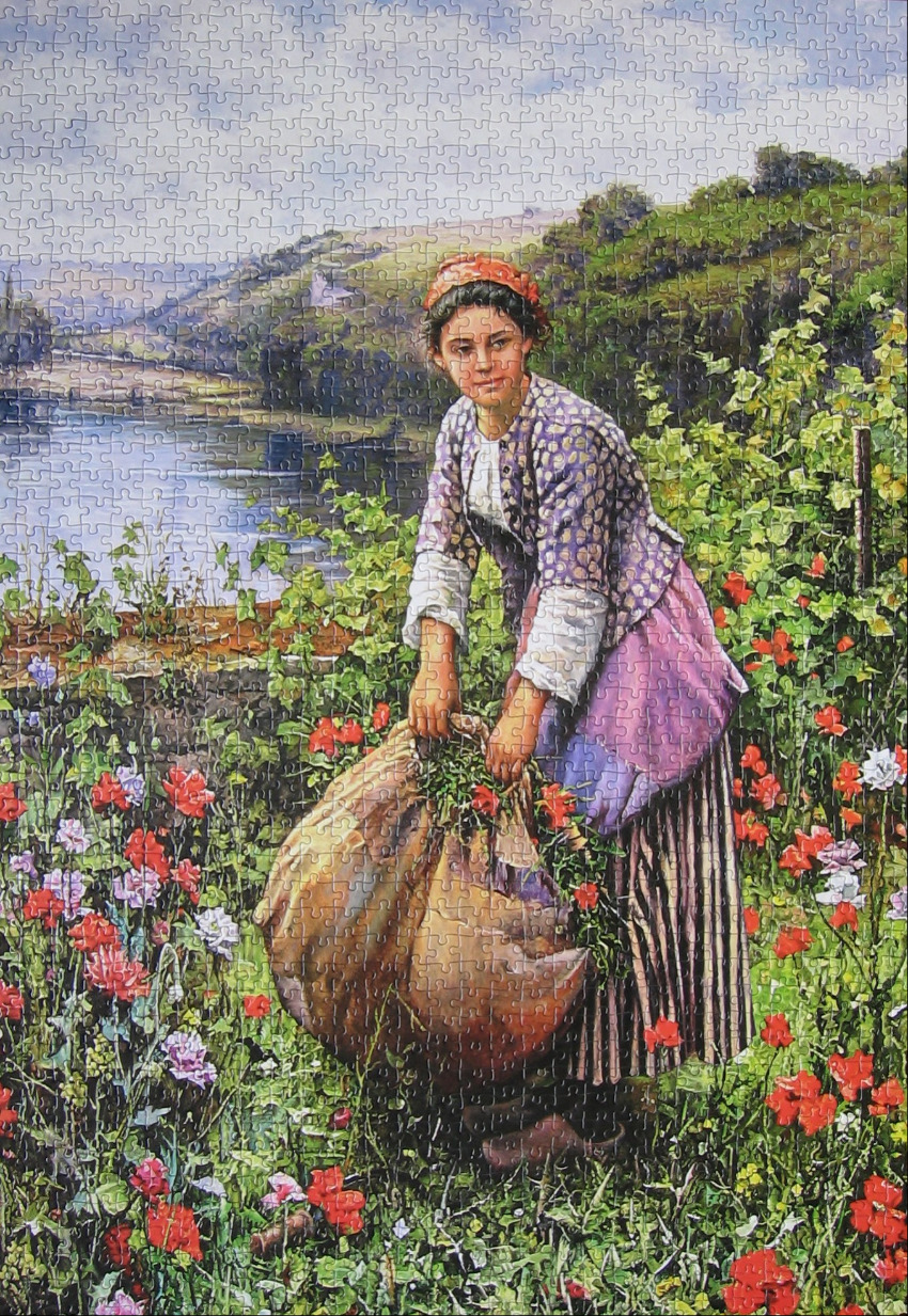 An oil painting of a woman gathering flowers in a meadow near a river.