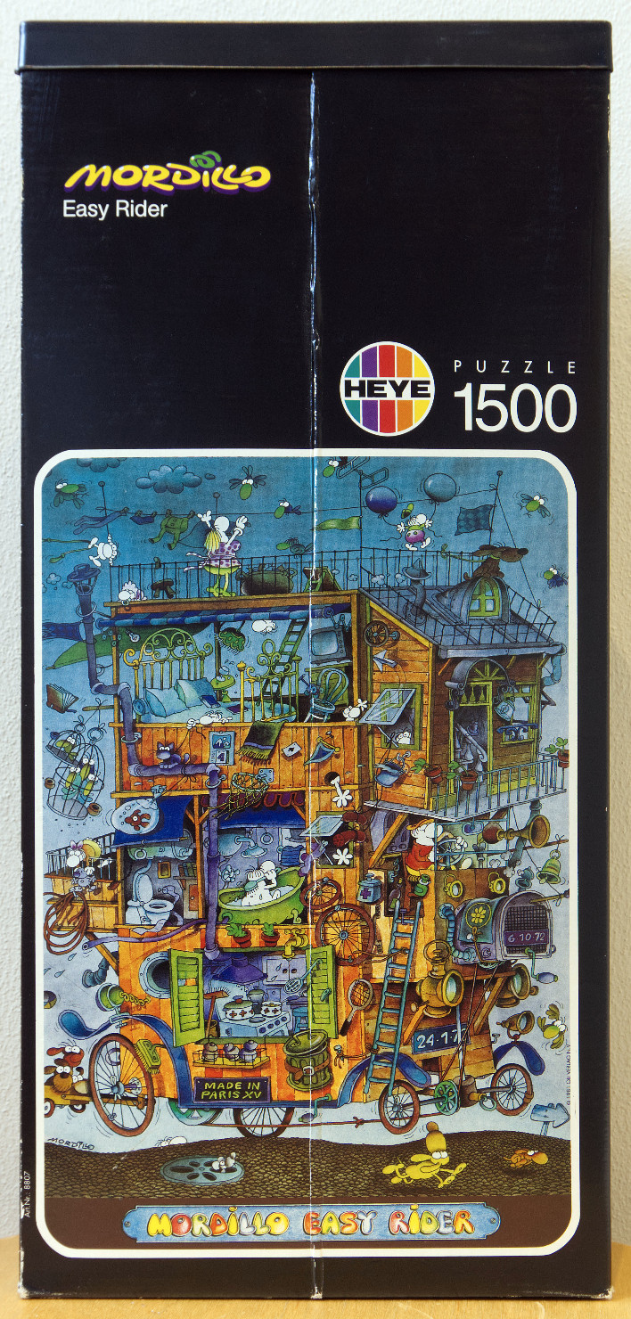 A cartoon illustration of a multi-story, motorized wooden house on wheels filled with whimsical characters and objects.