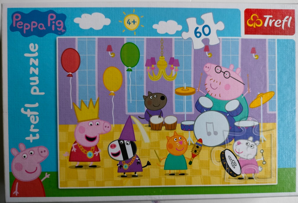 Peppa Pig and friends playing music in a colorful cartoon room