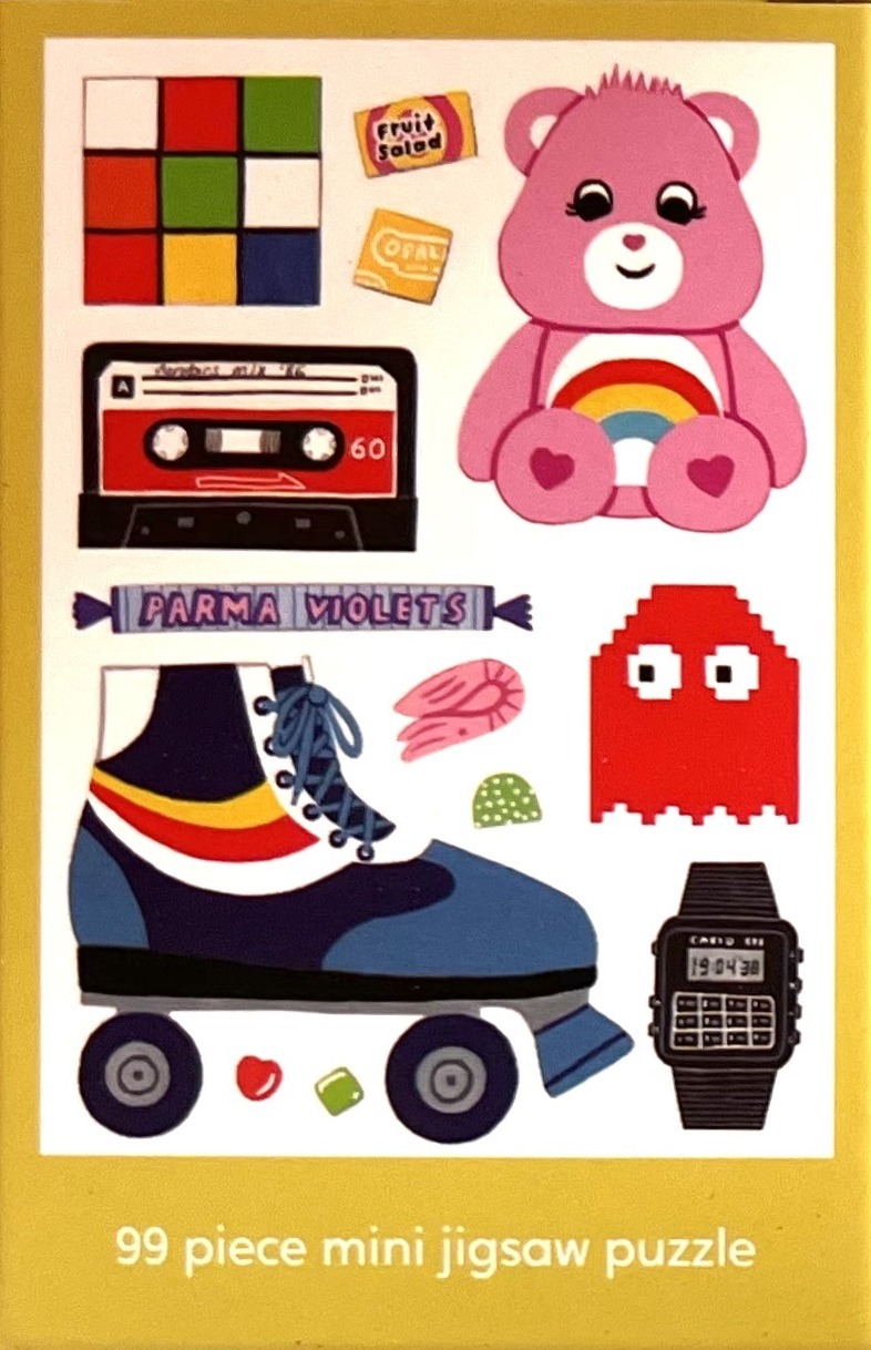 A collection of 1980s nostalgia icons including a pink bear, roller skate, and cassette tape on a cream background.