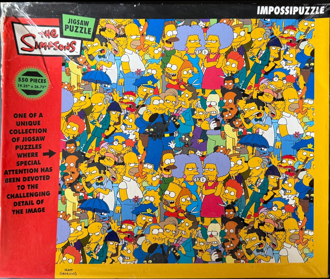 A dense, repeating collage of iconic characters from the animated series The Simpsons.