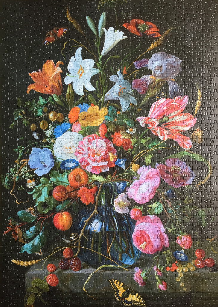 A lush, dark Dutch master-style floral still life painting featuring a variety of colorful flowers, berries, and insects.