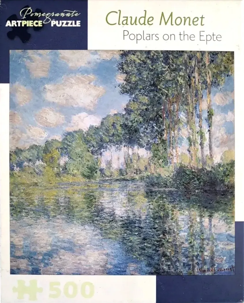 Impressionist painting of a line of poplar trees reflected in a calm river under a cloudy blue sky.