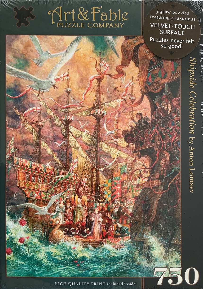 An illustration of a decorated galleon ship surrounded by figures in historical attire, seagulls, and turbulent turquoise wat