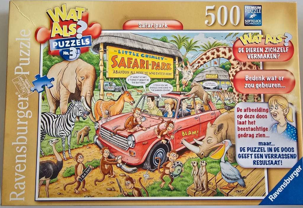 Cartoon illustration of a chaotic safari park scene with tourists in a broken-down car surrounded by mischievous animals.