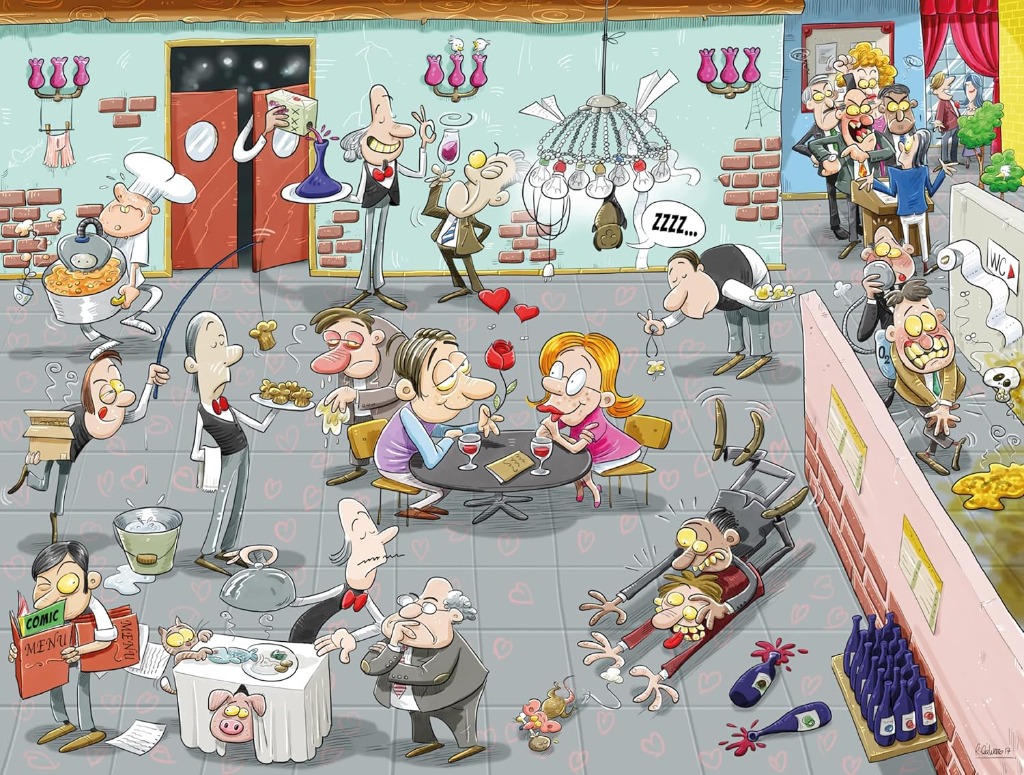 A humorous cartoon scene depicting a chaotic and quirky restaurant with various slapstick mishaps occurring.