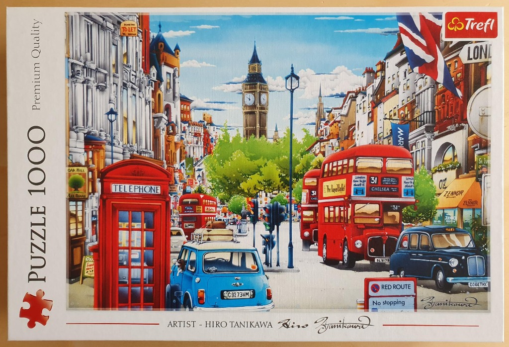 An illustration of a bustling London street scene featuring a red telephone box, double-decker bus, and Big Ben.