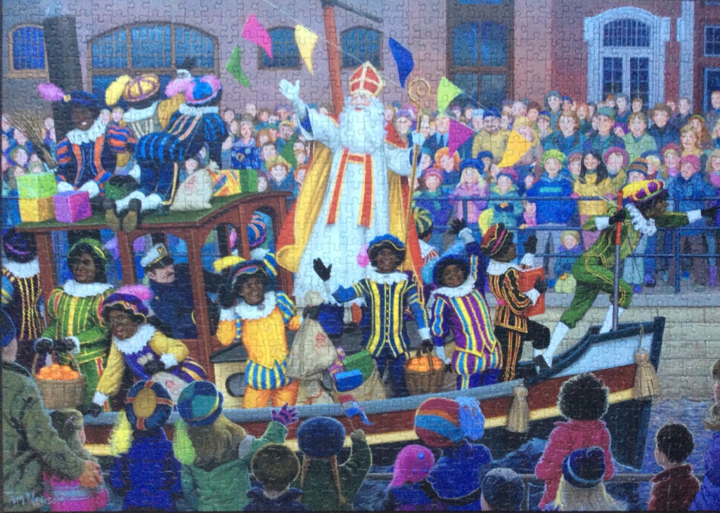 Illustration of Sinterklaas arriving by boat to a crowd of cheering children.