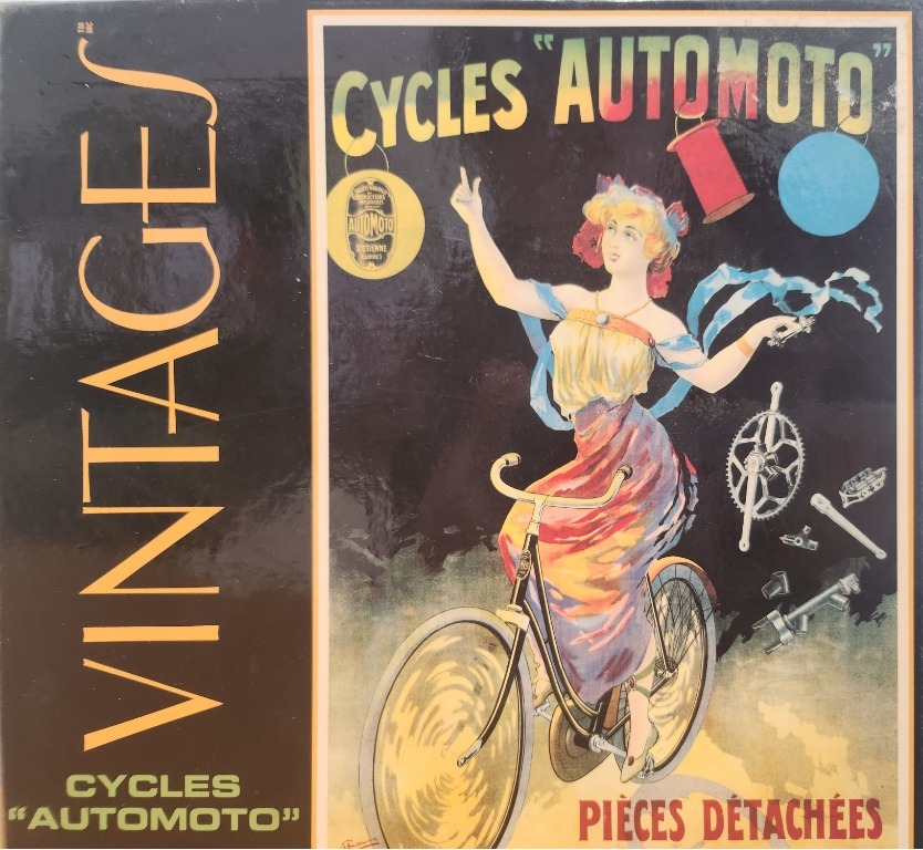 Vintage advertisement art featuring a woman riding a bicycle against a black background with floating parts.
