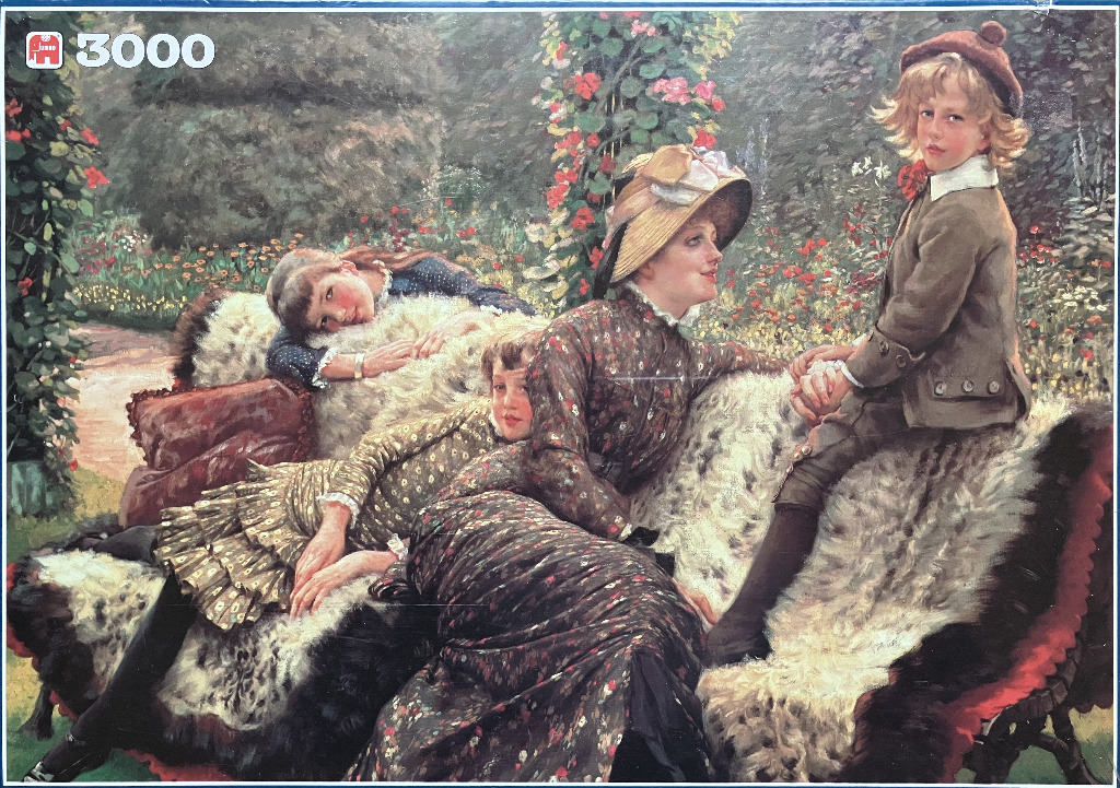 A Victorian-era painting of a mother and her three children lounging on a fur-covered garden bench.