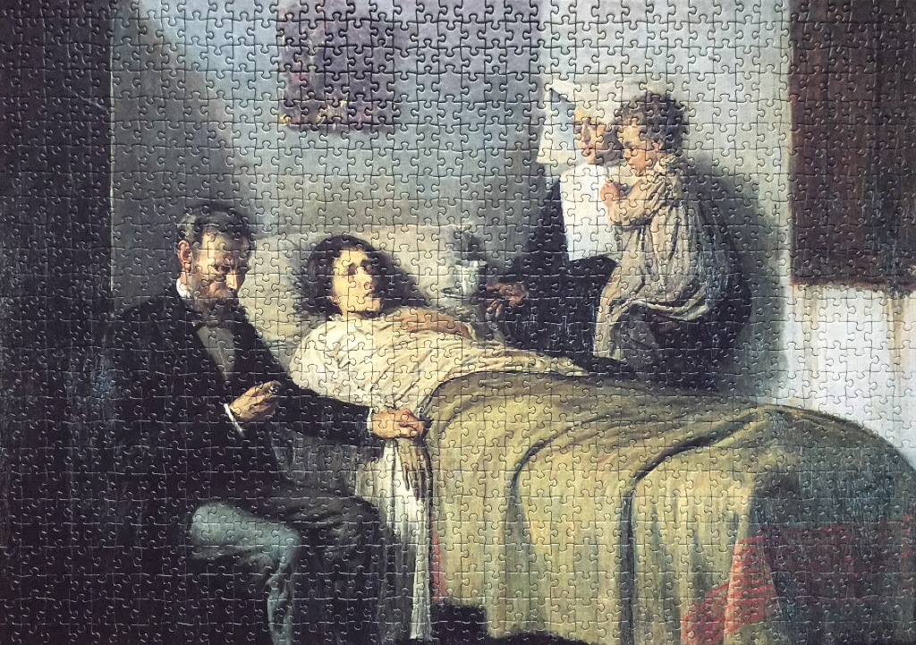 A painting of a Victorian doctor sitting by the bedside of a sick woman, with a mother and child standing behind.