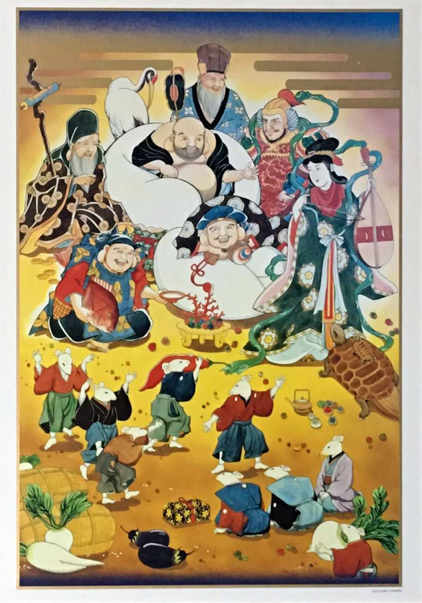 An illustration featuring the Seven Lucky Gods and dancing mice in a Japanese folklore style.