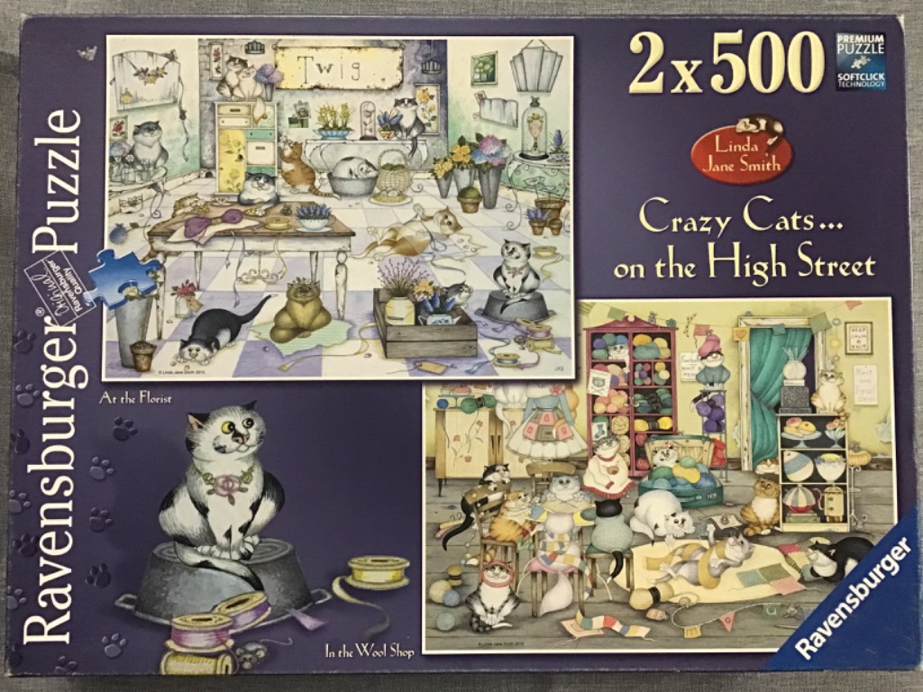 Two whimsical watercolor illustrations of cats in a florist shop and a wool shop.
