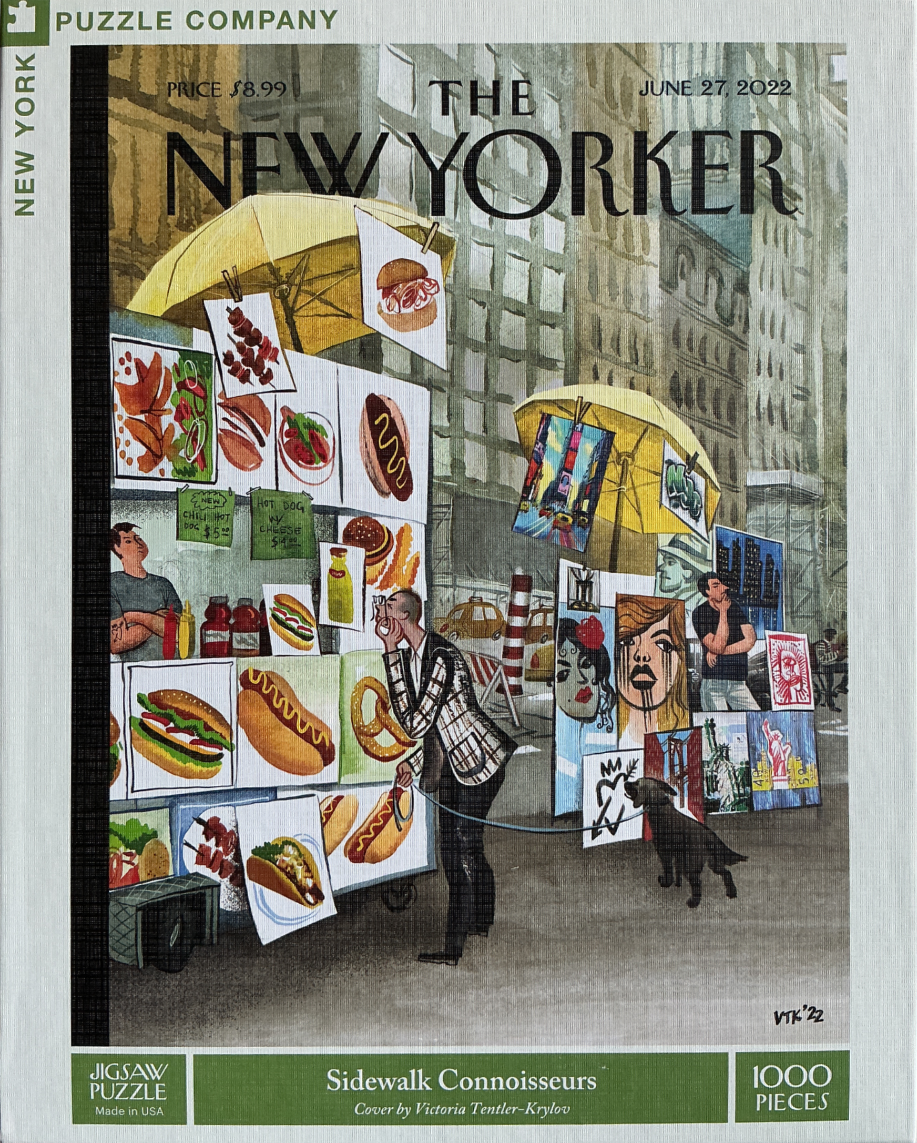 An illustration of a New York street scene featuring a hot dog vendor and an art vendor on a sidewalk.
