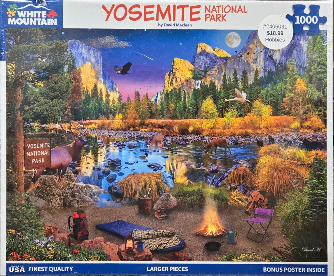 A lush illustration of Yosemite National Park featuring wildlife, a campfire, and a starry twilight sky.