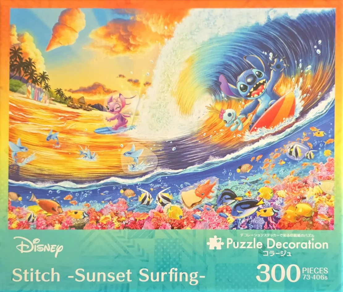 Stitch and Angel surfing on ocean waves at sunset with colorful coral reefs below