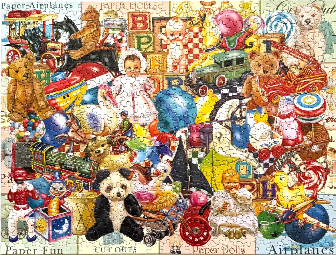 A nostalgic collage of vintage childhood toys and objects in a vibrant, artistic style.