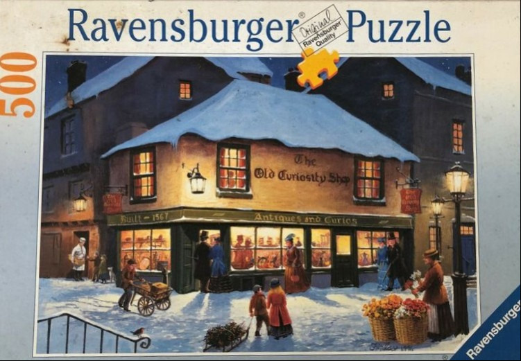 Painting of a historic shop titled The Old Curiosity Shop on a snowy winter evening.