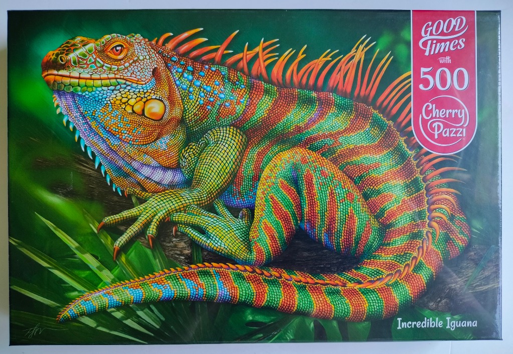 A vibrant, rainbow-colored iguana perched on a branch amidst lush green foliage.