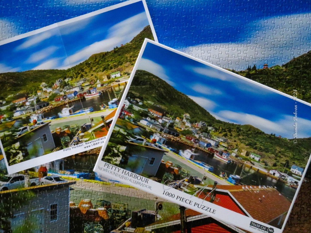 A photographic view of Petty Harbour, Newfoundland, showing a colorful fishing village nestled against green hills.