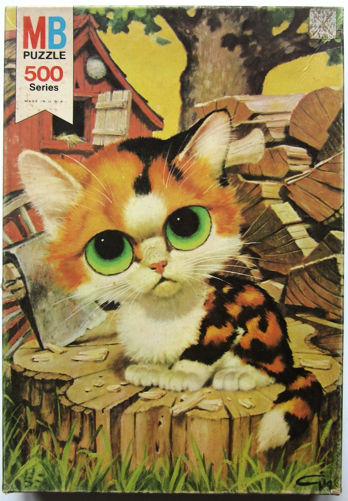 A whimsical illustration of a calico kitten sitting on a tree stump in a yard.