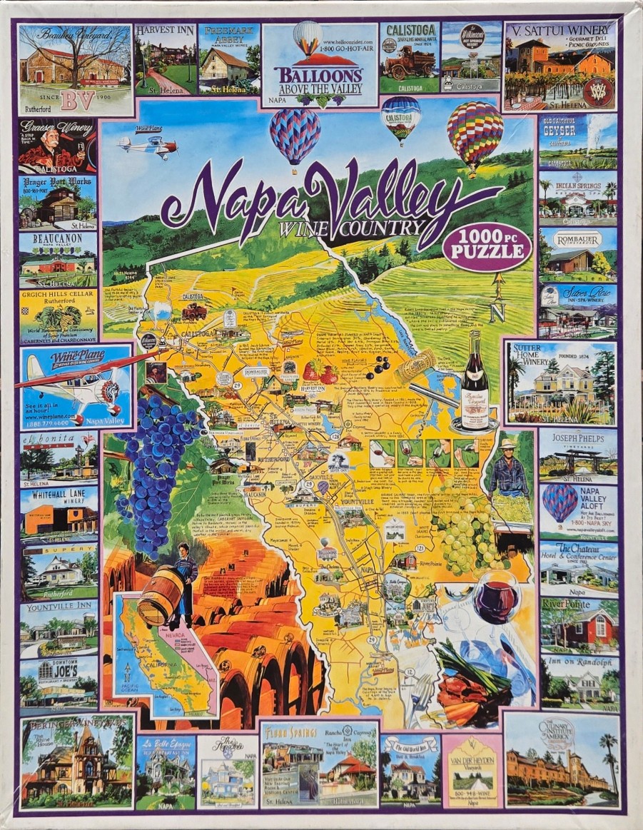 A collage-style illustrated map of Napa Valley featuring wineries, hot air balloons, and regional landmarks.