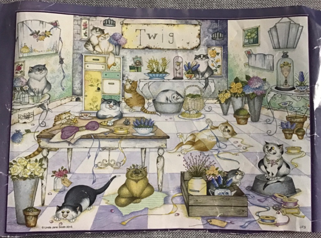 Whimsical illustration of numerous cats exploring a cluttered, cozy room with floral arrangements and lavender.