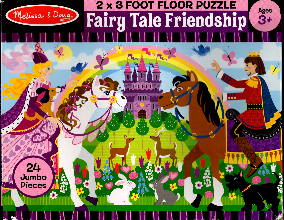 Cartoon illustration of a princess and prince riding horses toward a castle with animals in a flower meadow.