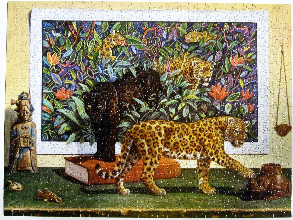 Painting of a jungle scene with leopards, monkeys, and artifacts on a table.