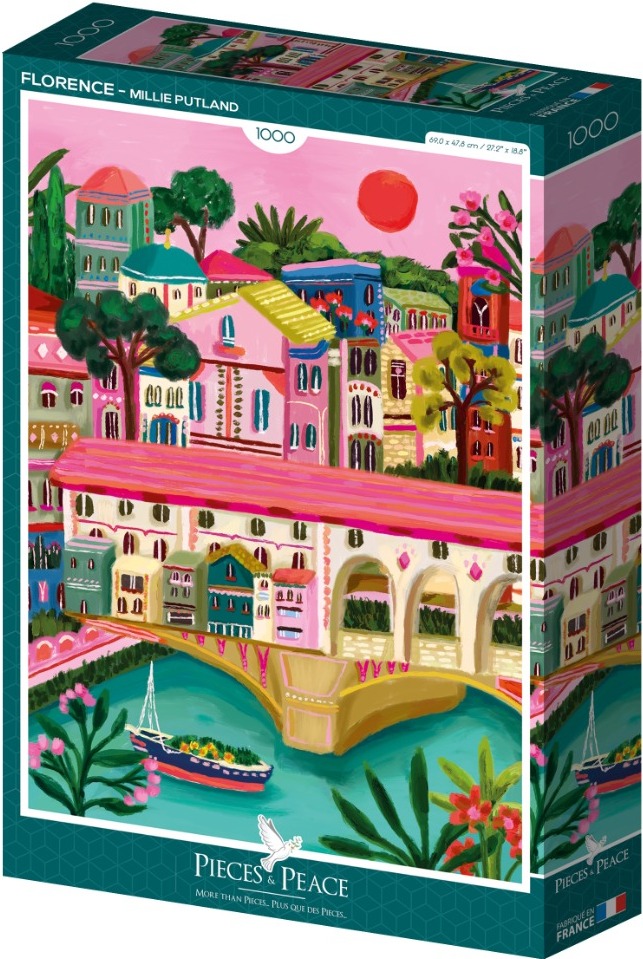 An expressive, painterly illustration of the Ponte Vecchio in Florence with pink skies and vibrant buildings.