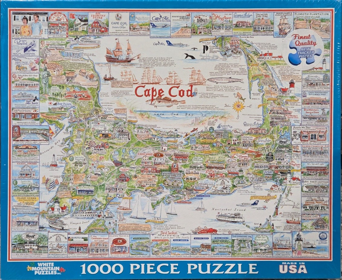 Illustrated pictorial map of Cape Cod featuring local landmarks, ships, and surrounding bodies of water.