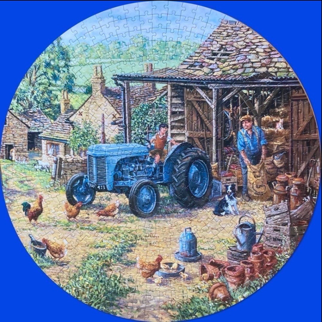 A round illustration of a rural farmyard scene featuring a blue vintage tractor, a farmer, and various livestock.