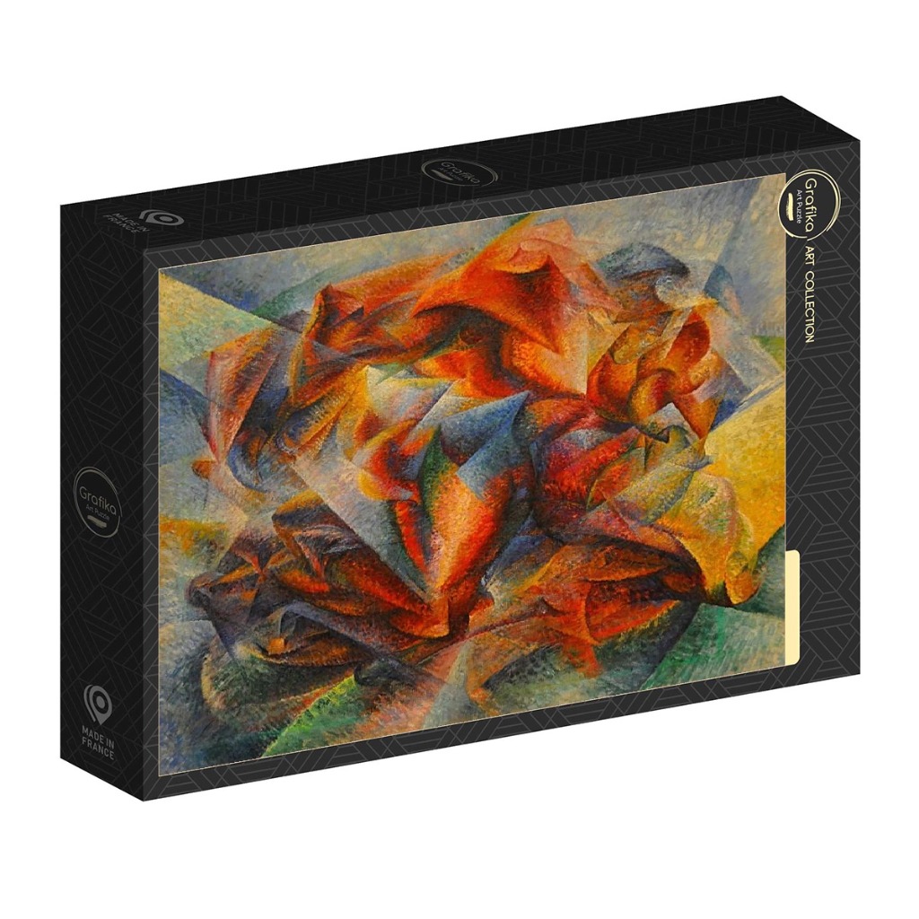 Abstract Futurist painting with dynamic motion and vibrant orange and blue geometric forms.