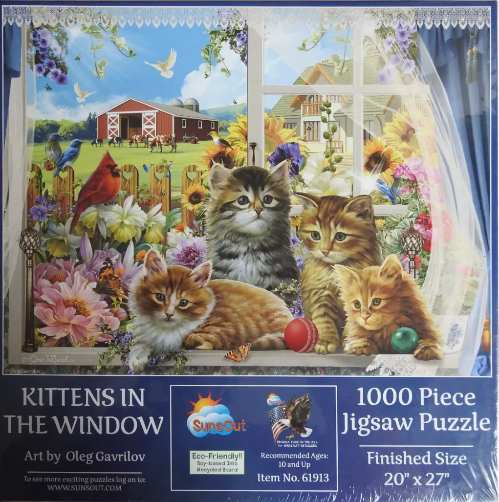 Four kittens sitting on a window sill overlooking a sunny farm landscape with flowers and birds.