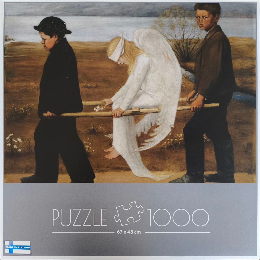 A painting of two young boys in dark clothing carrying an injured, blindfolded angel across a barren field.