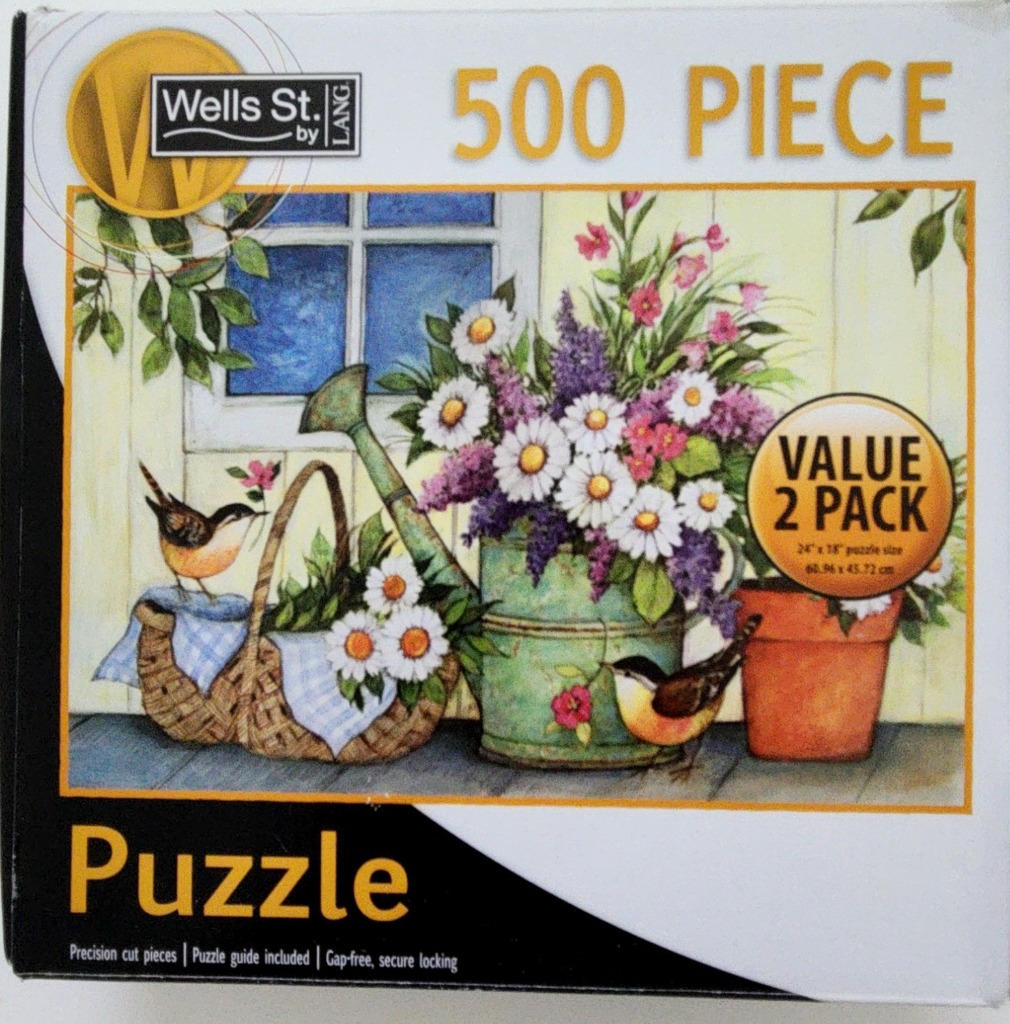 Still life painting of a garden setting with a watering can, a wicker basket, daisies, and two small birds.
