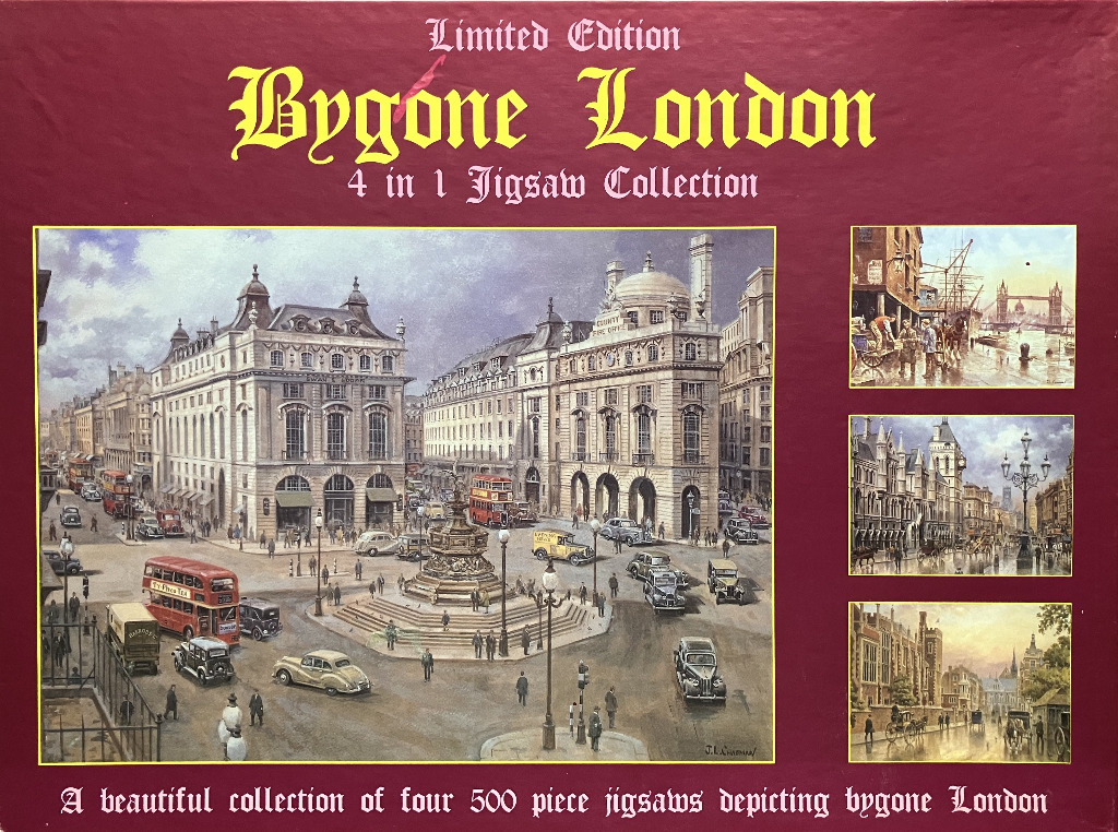 A collage of four nostalgic oil paintings depicting historical scenes of London streets, landmarks, and river activity.