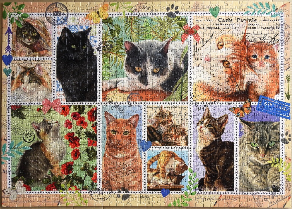 Collage of various cat portraits arranged in a postage stamp style grid with floral and postal motifs.