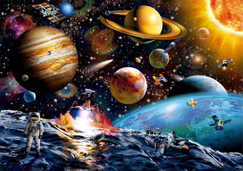 A vibrant celestial scene featuring planets, a star, astronauts, and spacecraft across a dark star-filled sky.