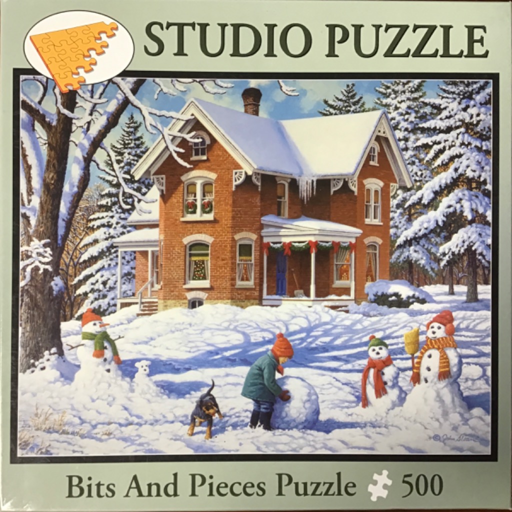 A cozy brick house in winter with a child and dog playing in the snowy front yard among snowmen.