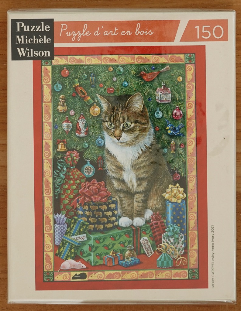 A detailed illustration of a tabby cat sitting in front of a Christmas tree surrounded by wrapped gifts.