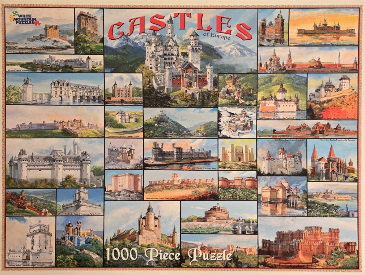 A collage of various European castles depicted in a series of painted rectangular frames.